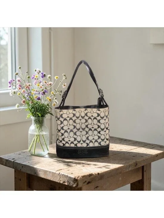 Coach Signature Bucket Tote F12518 Black Canvas Leather Shoulder Bag Carryall - Picture 1 of 10